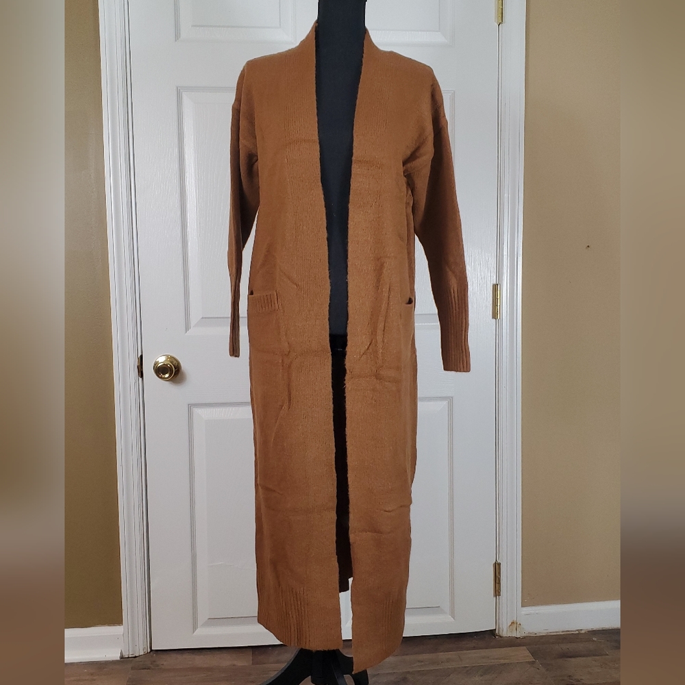 POCKET TRIM SOLID LONG CARDIGAN "MOCHA COLOR"